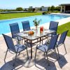 product-fancy-eab8d35f-3245-40a3-8ecf-b1280f8a0e95 7pcs Outdoor Dining Table and Chairs for 6 People - Textilene Stackable Patio Furniture with Glass Table & Umbrella Hole Base Suitable for Deck, Poolside,, Backyard - Umbrella Not Included