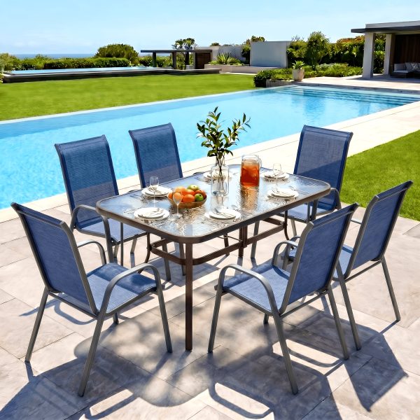 product-fancy-eab8d35f-3245-40a3-8ecf-b1280f8a0e95 7pcs Outdoor Dining Table and Chairs for 6 People - Textilene Stackable Patio Furniture with Glass Table & Umbrella Hole Base Suitable for Deck, Poolside,, Backyard - Umbrella Not Included