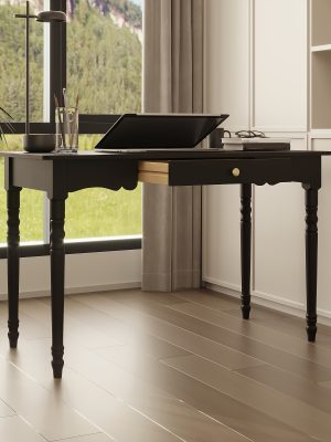 47.2'' Classic Rubberwood Writing Desk with Artistic Legs And Storage Drawer, Modern Computer Desk Workstation with Spacious Desktop, Timeless Design for Home And Office, Black