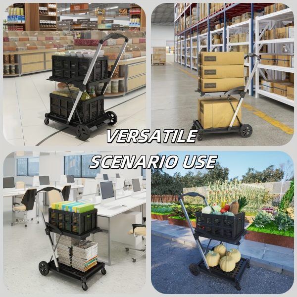 Two Layers Folding Shopping Cart | Multi Use Functional Collapsible Carts | Collapsible Grocery Carts | Shopping Cart with Storage Crate | Utility Cart for Groceries, Warehouse, Supermarket.Black