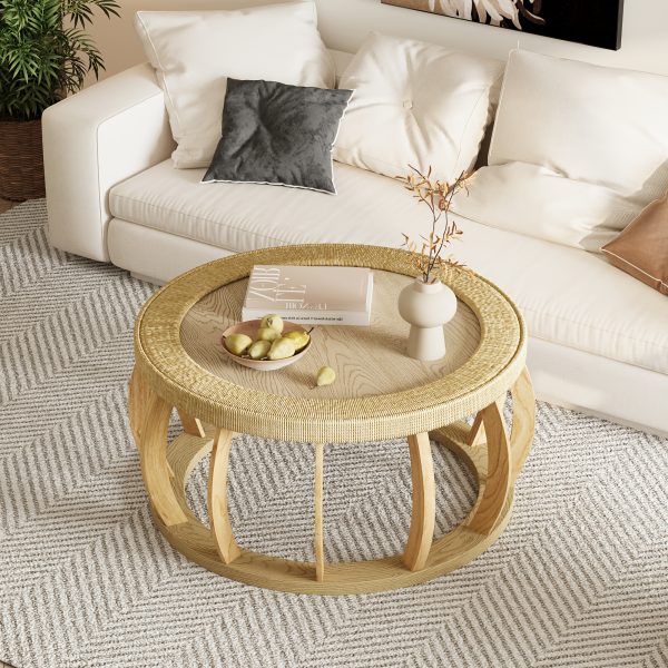 product-fancy-eaf099e0-0f13-4dad-9999-b7dfe02afad8 35.43” Vintage Boho Round Coffee Table Suitable for Living Room, Solid Wood & Engineered Wood with Curved Legs, Space-Saving Low-Profile Center Table, Natural, Assembly for Bedroom, Apartment, Rustic Decor