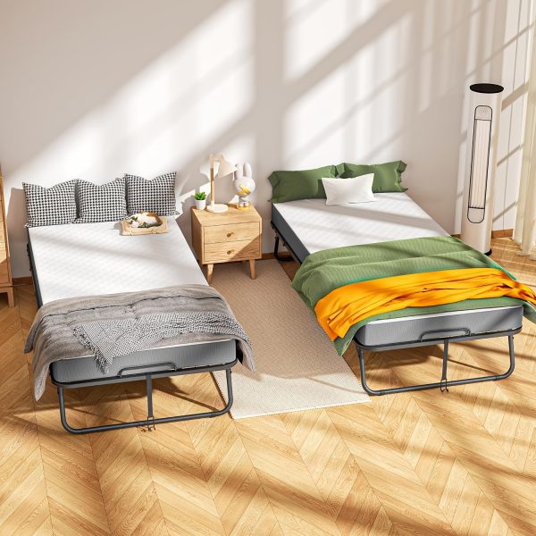Compact & Durable 4-Section Folding Bed with Grey Fabric Cover - Sturdy Metal Frame, 75" x 31", Portable Roll-Away Design for Adults, Ideal for Guests, Students, Camping & Small Apartments, Garden Houses