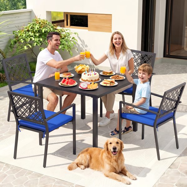5pcs Outdoor Dining Set, Wood Grain Square Outdoor Patio Table And Chairs Set, Metal Dining Set with With 4 Spacious Dining Chair, All Weather Patio Furniture Set for Deck Garden