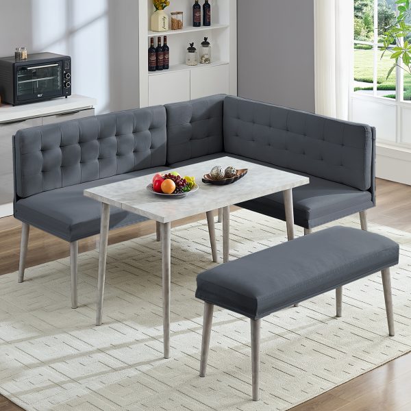 product-fancy-eb249e3b-d331-4662-93a8-5462fd3ccd15 3pcs L-Shaped Dining Nook Set with Bench, Modern Space-Saving Corner Breakfast Nook with Tufted Sofa And Marble-Look Table for Small Kitchens