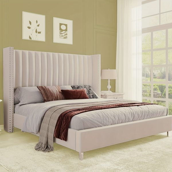 product-fancy-eb3f6c16-ecae-41bd-8e17-7db4b6c4764f PaPaJet Bed Frame with Vertical Channel Upholstered Tufted Velvet Wingback Headboard, Platform Bed, No Box Spring Needed, Easy Assembly