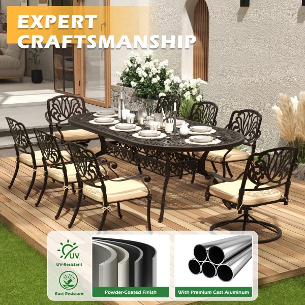 product-fancy-eb5e6570-3a15-4ccf-af5e-2fc012e21d6d 9pcs Cast Aluminum Patio Furniture, Outdoor Dining Sets for 8 Include 87" Oval Patio Dining Table And 8 Chairs with Cushions & Umbrella Hole (Bronze)