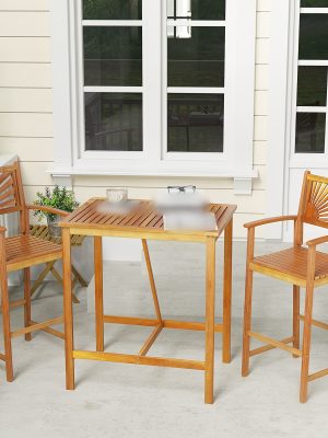 LIFEZEAL 3pcs Patio Bar Table & Chairs, Outdoor Acacia Wood Bar Set w/ Slatted Seat & Tabletop, Wood Dining Bar Set w/ Appealing Backrest for Backyard, Poolside, Balcony.
