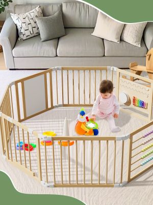 SLSY Foldable Wooden Baby Playpen Activity Center, Adjustable Size & Shape Portable Large Play Yard for Babies And Toddlers, Baby Fence Play Area Wood Gate 63"x63"x24"