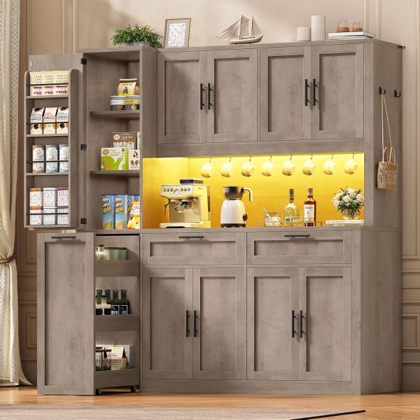 product-fancy-ebf180bc-12e6-49dc-b116-144c61409d83 71 Inch Kitchen Pantry Cabinet with LED Lights And Charging Station, 59 Inch Wide Wooden Storage Cabinet with 2 Drawers, 8 Doors, 3-Tier Storage Cart, And 4 Door Shelves, Pantry Storage Cabinet with Microwave Stand for Dining Room, Black, White