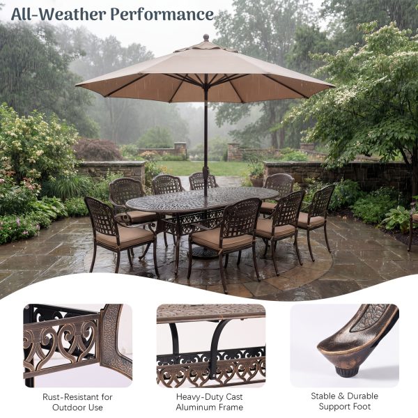 9pcs Cast Aluminum Outdoor Patio Dining Set - Ornate Scrollwork Design, Weather-Resistant Rust-Proof Frame, Oval Table And 8 Cushioned Chairs, Suitable for Garden, Backyard And Poolside Seating