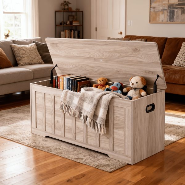 A Large Storage Desk Measuring 47.2 Inches, Featuring a Storage Box Equipped with Two Safety Gel Buffer Hinges. This Box Is Suitable for Use in The Living Room Or Bedroom, Can Support Up to 150 Pounds, Has Two U-Shaped Cutouts