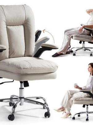 Ergonomic Office Chair with Padded Flip-up Arms, Mid Back Executive Comfy Desk Chairs, Faux Leather Computer Rolling Chair with Wheels for Home, Adjustable Height, 360 Swivel, 300lbs, Beige, Black