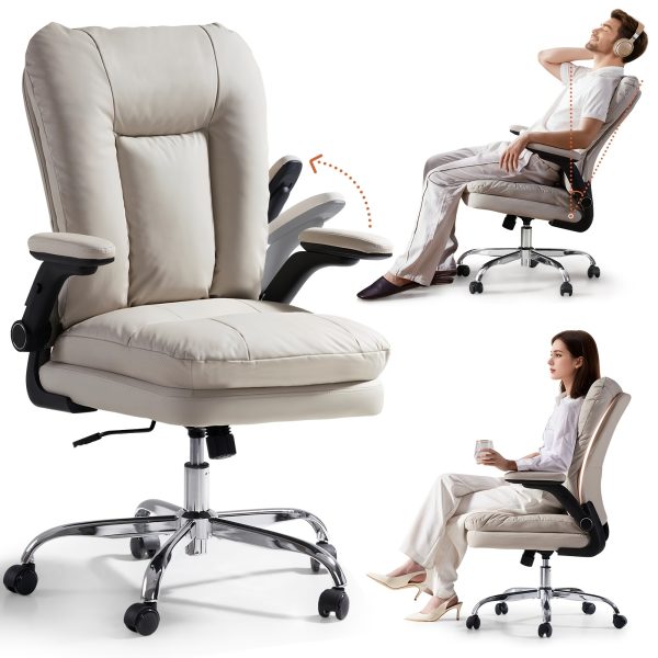 product-fancy-ece91ce8-6195-48fd-8279-6a4ba599da5c Ergonomic Office Chair with Padded Flip-up Arms, Mid Back Executive Comfy Desk Chairs, Faux Leather Computer Rolling Chair with Wheels for Home, Adjustable Height, 360 Swivel, 300lbs, Beige, Black