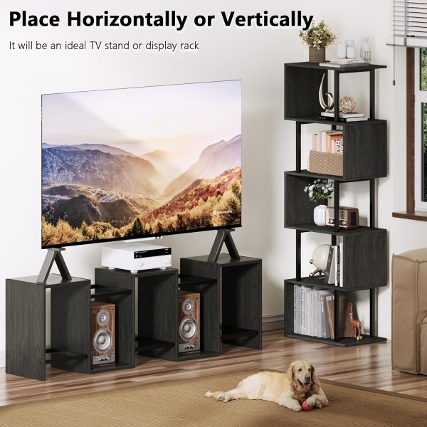 product-fancy-ed3313fb-ef70-4a68-b959-3779ac6f226c 6-Tier Tall Bookshelf, Lofty Geometric Book Cabinet, S-Shaped Industrial-Style Display Freestanding Bookshelf, Metal And Wood Decorative Storage Partition Rack, Suitable for Bedroom, Living Room, Office, Black/White