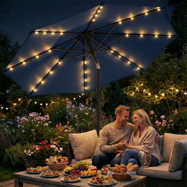 [Christmas & Halloween] Deluxe 32 LED Lighted Patio Umbrella - Navy Blue/Beige/Red/Brown, Solar 10Ft Market Umbrella with Base, Outdoor Table Umbrella with Ventilation, Solar Umbrella with Push Button Tilt/Crank for Garden, Deck, Backyard, Pool, Christmas & Halloween