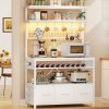 [Baker's Rack Outlet] Baker's Rack with Power Outlet, 6-Tier Microwave Rack with 3 Drawers, Wine Rack, LED Light And 10 Hooks, Kitchen Baker's Rack, Coffee Bar with Storage, Rustic Brown/Black/White