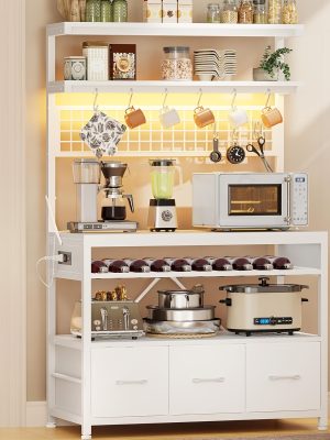 [Baker's Rack Outlet] Baker's Rack with Power Outlet, 6-Tier Microwave Rack with 3 Drawers, Wine Rack, LED Light And 10 Hooks, Kitchen Baker's Rack, Coffee Bar with Storage, Rustic Brown/Black/White