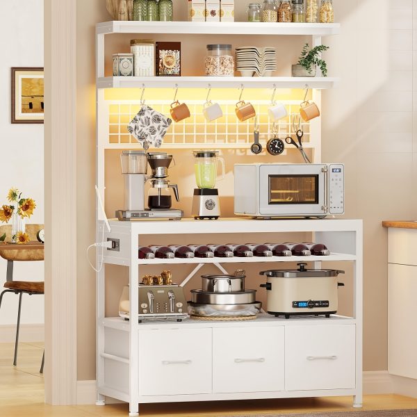 [Baker's Rack Outlet] Baker's Rack with Power Outlet, 6-Tier Microwave Rack with 3 Drawers, Wine Rack, LED Light And 10 Hooks, Kitchen Baker's Rack, Coffee Bar with Storage, Rustic Brown/Black/White