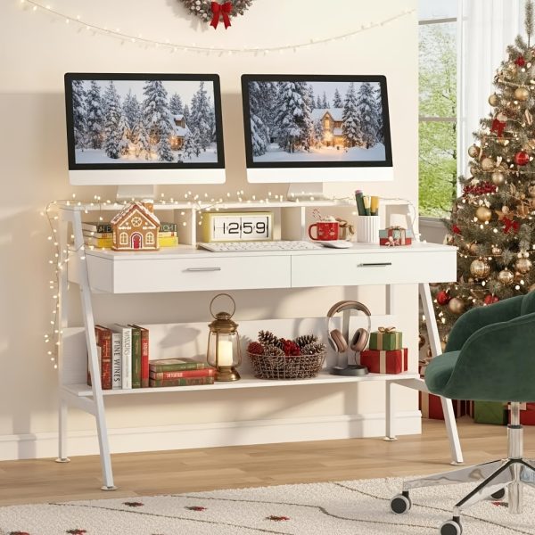 product-fancy-ed8c2779-f00f-4e36-97e7-03b0f6b9a37c 47 Inch Computer Desk With Storage Shelf & Drawers | Modern Office Writing Desk Study Table With Monitor Stand Riser, White, Byblight, Christmas Renewal