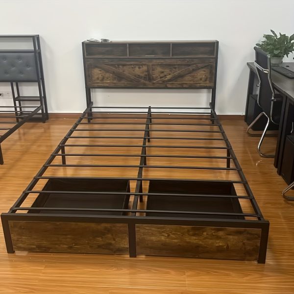product-fancy-eda54f8d-c7b5-4a3a-b274-0cd66abdd79c Farmhouse Bed Frame with Storage Headboard and Drawers, LED Light and Charging Outlet, Noise Free, No Box Spring Needed