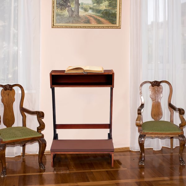 product-fancy-edf4df47-01db-4071-93e4-e7d6333f0d2c A Sturdy Wooden Prayer Stool Featuring a Shelf And Cushion, Ideal for Church Use Or Home Kneeling. This Padded Kneeler Measures 23 by 20 by 31 Inches And Makes a Thoughtful Religious Gift