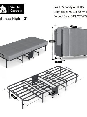Folding Bed with Mattress, Twin Foldable Guest Bed for Adults, Roll Away Bed, Portable Bed with Memory Foam Mattress & Sturdy Metal Frame for Bedroom, Office, Apartments, Space-Saving Design for Easy Storage, 77" X 38"
