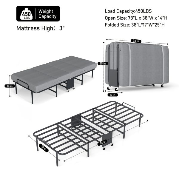 Folding Bed with Mattress, Twin Foldable Guest Bed for Adults, Roll Away Bed, Portable Bed with Memory Foam Mattress & Sturdy Metal Frame for Bedroom, Office, Apartments, Space-Saving Design for Easy Storage, 77" X 38"