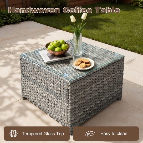 [Outdoor Coffee Table] 24" Square Outdoor Coffee Table Suitable for Backyard, Balcony & Deck - Handwoven PE Wicker Frame with Tempered Glass Top, All-Weather Bistro Table, Glass for Patio Furniture, Compact for Small Spaces, Garden Entertaining