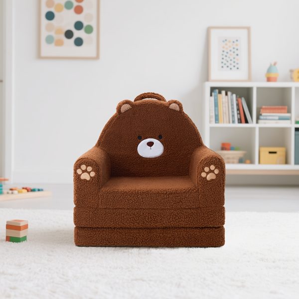 product-fancy-ee443160-7691-46b3-af98-7d3c49d13c61 Kids Sofa 2-in-1 Convertible Kids Couch Fold Out Lounger Soft Sherpa Kids Chair High-Density Foam Sofa Cute Brown Bear Playroom Nursery Furniture for Boys Girls Room Decor