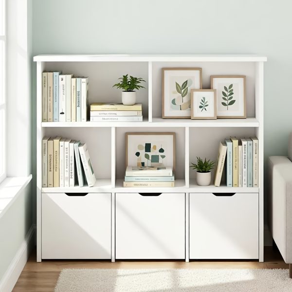 product-fancy-eeb73efd-d2eb-4001-abaf-2e67487c3e0f Modern Bookcase with 5 Cubes, 3 Movable Drawers and Hidden Wheels | Sturdy Construction, Multifunctional Organizer with Spacious Storage, White, Freestanding for Living Room