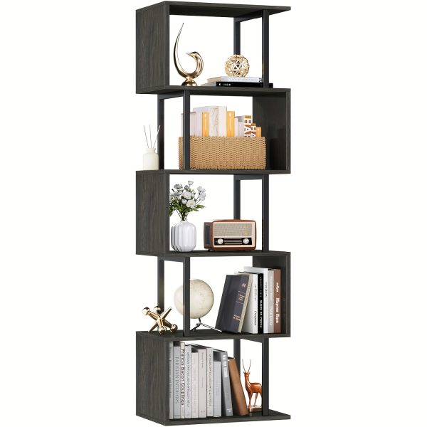 product-fancy-eeb7892a-f913-4272-af4b-300298b9afad 6-Tier Tall Bookshelf, Lofty Geometric Book Cabinet, S-Shaped Industrial-Style Display Freestanding Bookshelf, Metal And Wood Decorative Storage Partition Rack, Suitable for Bedroom, Living Room, Office, Black/White