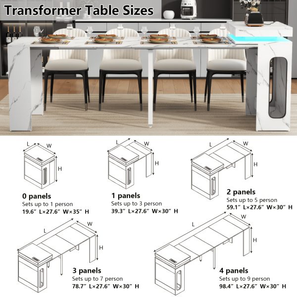 product-fancy-eed4fff1-36be-43bc-b391-e36f22bb8215 Extendable Dining Room Table with Charging Station & LED Lights, White Faux Marble Table, 19.7" to 98.4" Dining Table for 2-8, Modern Space Saving Kitchen Island Table, Rectangle Console Table for Living Room(No Chairs)