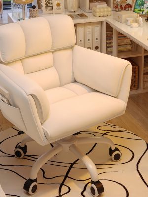 Vanity Chair Skin-Friendly Material with Mid-Back, Modern Adjustable Height Upholstered Swivel Chair with Wheels, Desk Chairs Comfy with Side Pockets for Bedroom