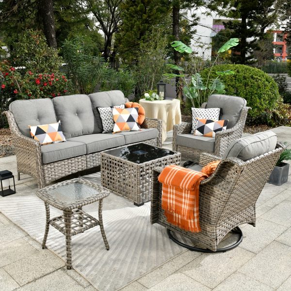product-fancy-ef3ec7f7-36d8-4271-ae3b-1f033154e9ec-1 5pcs Outdoor Patio Furniture Set with 2 Swivel Chairs, 1 Outside Sofa, 1 Side Table and 1 Solar Lighting Glass Coffee Table - All-Weather Wicker Patio Conversation Set Modern Design for Garden, Deck, and Porch Decor
