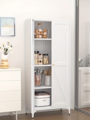 Metal Storage Cabinet, Metal Kitchen Pantry Cabinet, Food Pantry Storage Cabinets With Doors And Shelves, Large Steel Storage Cabient For Dinning Room, Laundry Room, White/Black