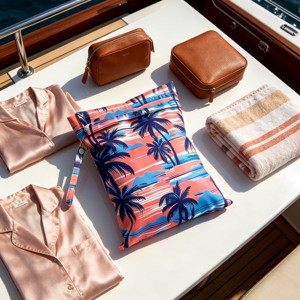 product-fancy-f0203748-b196-4a29-8ce2-037fb620d587 Reusable Wet Storage Bag with Tropical Palm Print Pattern, Designed for Diaper Storage. Dimensions: 9.84in*12.2in. Perfect for Storing Swimwear, Travel Essentials, Beach Items, and Pool Supplies. Ideal for Themed Gifts and Holiday Presents