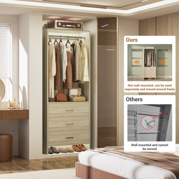 Wardrobe with 3 Drawers, 24 Inch Closet Organizer, Wooden Closet, Walk-in Closet
