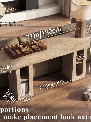 OMCHOM 70.9" Long Console Table with Storage Shelves, Modern Oval Entryway Table, Thick Heavy Duty Narrow Sofa Table with Storage, Accent Table for Behind Couch Living Room Hallway Foyer, Natural Wood