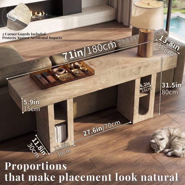 OMCHOM 70.9" Long Console Table with Storage Shelves, Modern Oval Entryway Table, Thick Heavy Duty Narrow Sofa Table with Storage, Accent Table for Behind Couch Living Room Hallway Foyer, Natural Wood