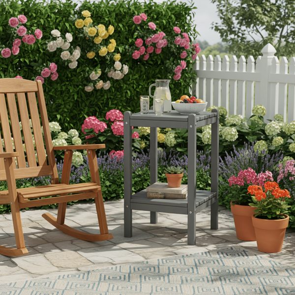 Outdoor HDPE Double-layer High Side Table, Leisure Side Table with Double-Layer Storage Design, Multifunctional Small Coffee Table, for Courtyard, Pool, Terrace And Balcony, Gray
