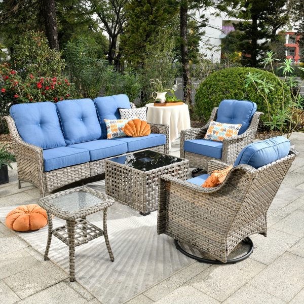 product-fancy-f14350f6-c350-4f5a-9a50-211bcf160e87-1 5pcs Outdoor Patio Furniture Set with 2 Swivel Chairs, 1 Outside Sofa, 1 Side Table and 1 Solar Lighting Glass Coffee Table - All-Weather Wicker Patio Conversation Set Modern Design for Garden, Deck, and Porch Decor