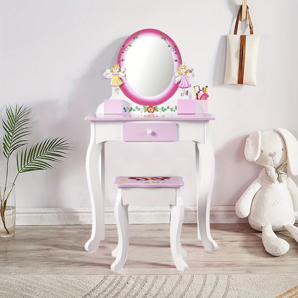 product-fancy-f1762b9a-ef1b-4656-a5a9-1e6dd61fa721 Kids Vanity Set - Princess Deluxe Vanity Table Set 2-in-1 Wooden Writing Desk & Stool, Mirror & Drawer, Perfect for Kids' Pretend Play, Developing Creativity And Fine Motor Skills, Durable Construction, Easy to Assemble, Best for Girls Christmas Gift