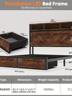 Farmhouse Bed Frame with Storage Headboard and Drawers, LED Light and Charging Outlet, Noise Free, No Box Spring Needed