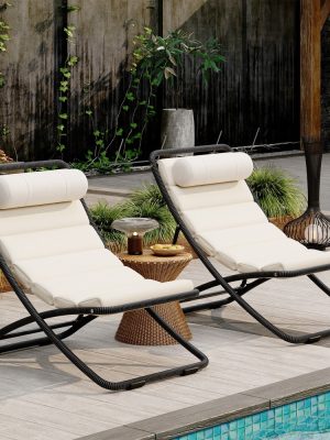 [Outdoor Folding Chair] TREXM 2pcs Outdoor Folding Chair, Rattan-Wrapped Patio Chair with Adjustable Backrest, Thick Cushion, and Detachable Headrest, for the Poolside, Beach, Backyard, Decck, and Camping