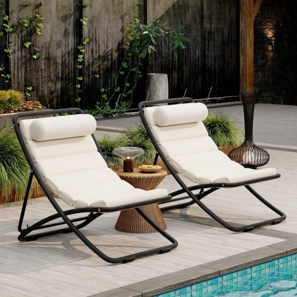 [Outdoor Folding Chair] TREXM 2pcs Outdoor Folding Chair, Rattan-Wrapped Patio Chair with Adjustable Backrest, Thick Cushion, and Detachable Headrest, for the Poolside, Beach, Backyard, Decck, and Camping
