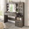 product-fancy-f2247d91-e29a-4d4c-9589-2ce0879ef77b 47.2"W Farmhouse Vanity Makeup Vanity Desk with Mirror And Lights, Vanity Table with 4 Drawers & Shelves Big Makeup Desk with Charging Station for Bedroom, Dark Rustic Oak (Stool Not Included)