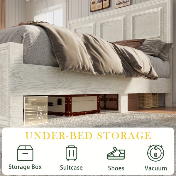Brown and White Farmhouse Style Platform Bed Frame with Height Adjustable Headboard