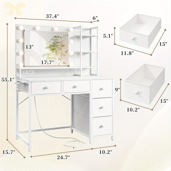 product-fancy-f28300dd-5336-4c75-80fb-b9a795df98b1 Vanity Desk with Lights, Makeup Vanity with Power Strip, Dressing Table Set with 5 Large Drawers, Vanity Mirror 3 Lighting Color Adjustable
