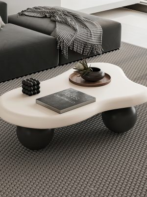 40 Inch Cloud Shaped Coffee Table with 3 Ball Legs Modern Irregular Accent Table White Top Black Legs Sturdy MDF Construction Smooth Curved Corners Child Pet Friendly Easy Assembly Spacious Surface for Living Room Bedroom Apartment Home