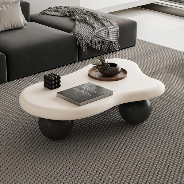 product-fancy-f294ae08-2984-4674-81cf-56b67d578957 40 Inch Cloud Shaped Coffee Table with 3 Ball Legs Modern Irregular Accent Table White Top Black Legs Sturdy MDF Construction Smooth Curved Corners Child Pet Friendly Easy Assembly Spacious Surface for Living Room Bedroom Apartment Home